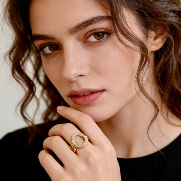 Minimalist gold open ring with pavé cubic zirconia circle. Adjustable fit, stackable design. Perfect for everyday elegance & layering.