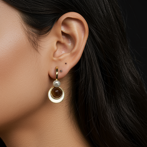 Elegant gold drop earrings with brown stone & white pearl inlay. Layered design, lightweight. Perfect for everyday elegance & special occasions.