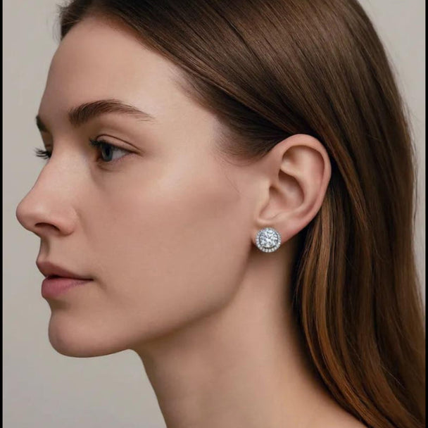 Classic Platinum Surround-Set Stud Earrings (Premium Diamond Simulant)