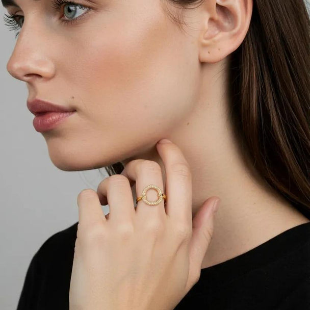 Minimalist gold open ring with pavé cubic zirconia circle. Adjustable fit, stackable design. Perfect for everyday elegance & layering.