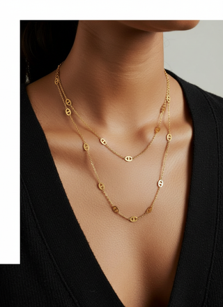Modern layered disc chain necklace in gold or silver. 120cm long, adjustable fit. Perfect for everyday elegance & minimalist layering style.