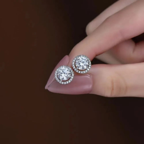 Classic Platinum Surround-Set Stud Earrings (Premium Diamond Simulant)