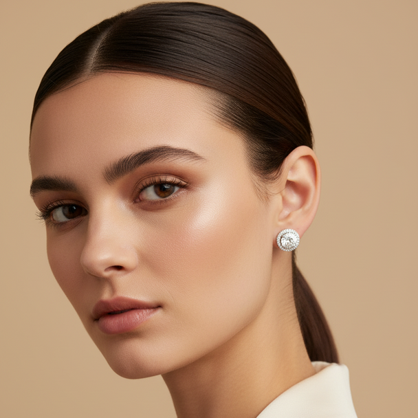 Classic Platinum Surround-Set Stud Earrings (Premium Diamond Simulant)