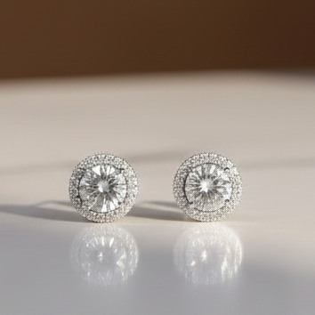 Classic Platinum Surround-Set Stud Earrings (Premium Diamond Simulant)
