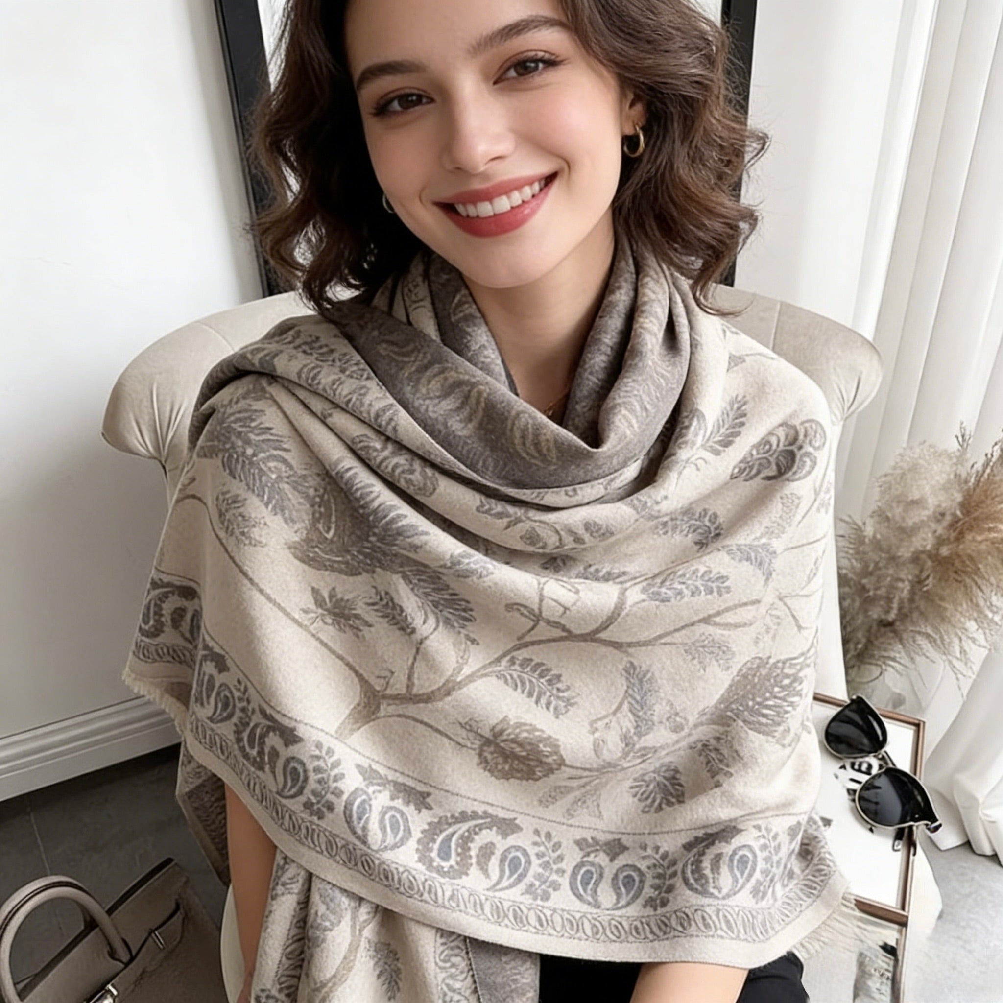 Premium Cashmere Floral Jacquard Scarf