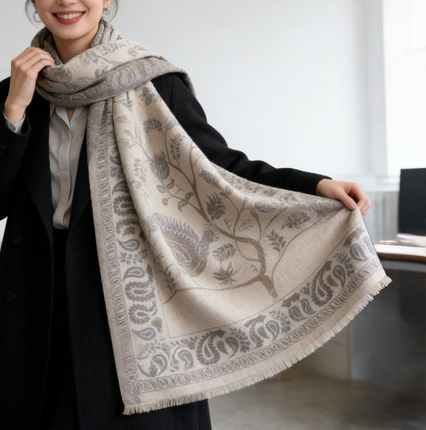 Luxurious 95% cashmere scarf with botanical jacquard pattern. Soft beige-grey floral shawl perfect for travel & formal wear. Versatile, timeless design.