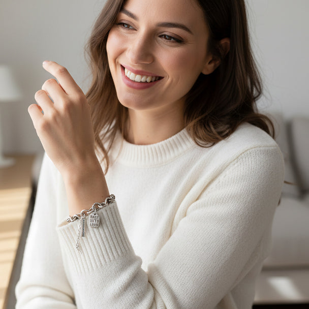Edgy double-layered silver chain bracelet with toggle clasp & Made With Love charm. Adjustable fit, stackable. Perfect for everyday style & layering.