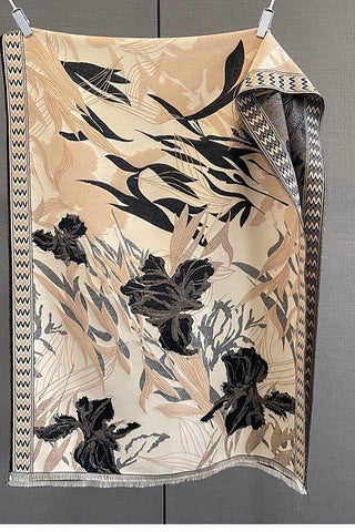 Soft imitation cashmere scarf with botanical floral jacquard pattern. 190cm versatile wrap in light brown, green, orange & pink. Perfect for coats & knitwear.