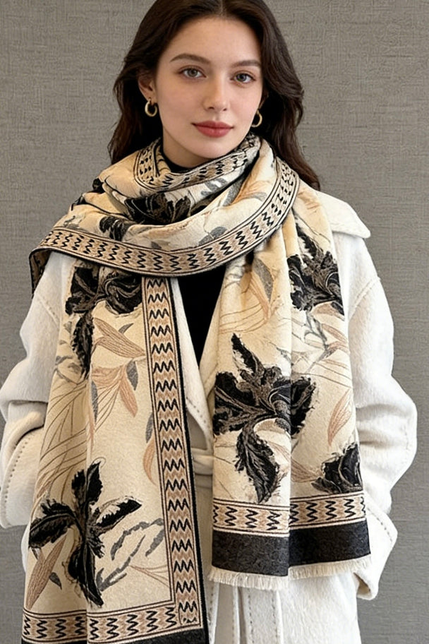 Soft imitation cashmere scarf with botanical floral jacquard pattern. 190cm versatile wrap in light brown, green, orange & pink. Perfect for coats & knitwear.