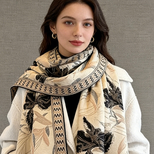 Soft imitation cashmere scarf with botanical floral jacquard pattern. 190cm versatile wrap in light brown, green, orange & pink. Perfect for coats & knitwear.