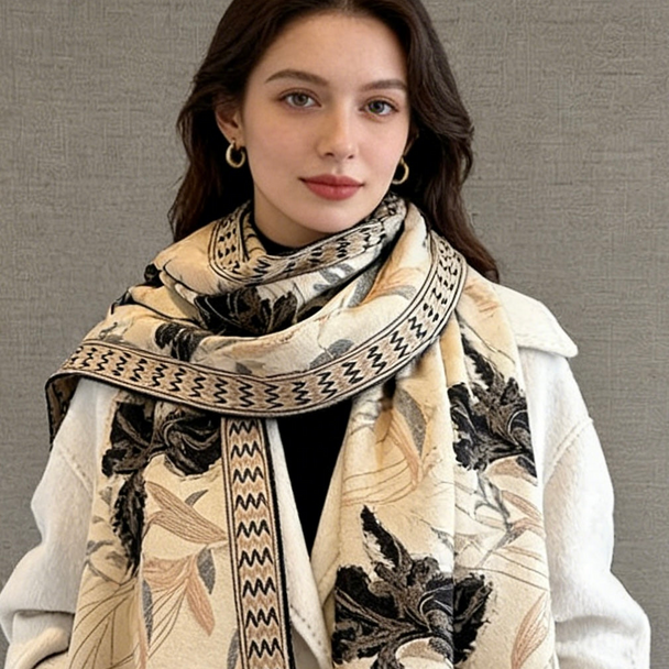 Soft imitation cashmere scarf with botanical floral jacquard pattern. 190cm versatile wrap in light brown, green, orange & pink. Perfect for coats & knitwear.