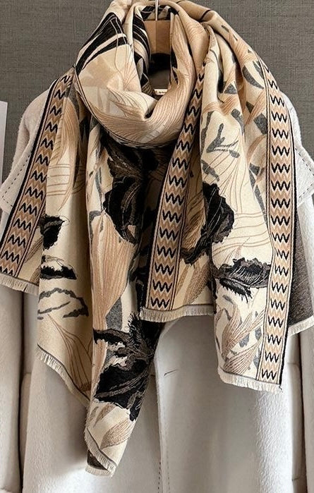 Soft imitation cashmere scarf with botanical floral jacquard pattern. 190cm versatile wrap in light brown, green, orange & pink. Perfect for coats & knitwear.