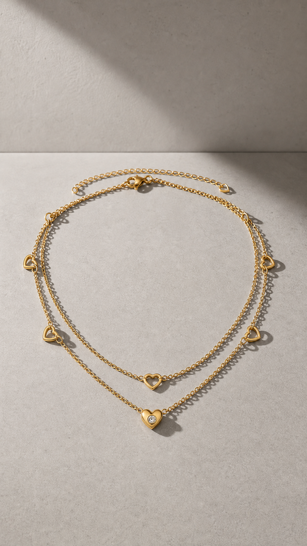 Layered Gold Heart Charm Necklace