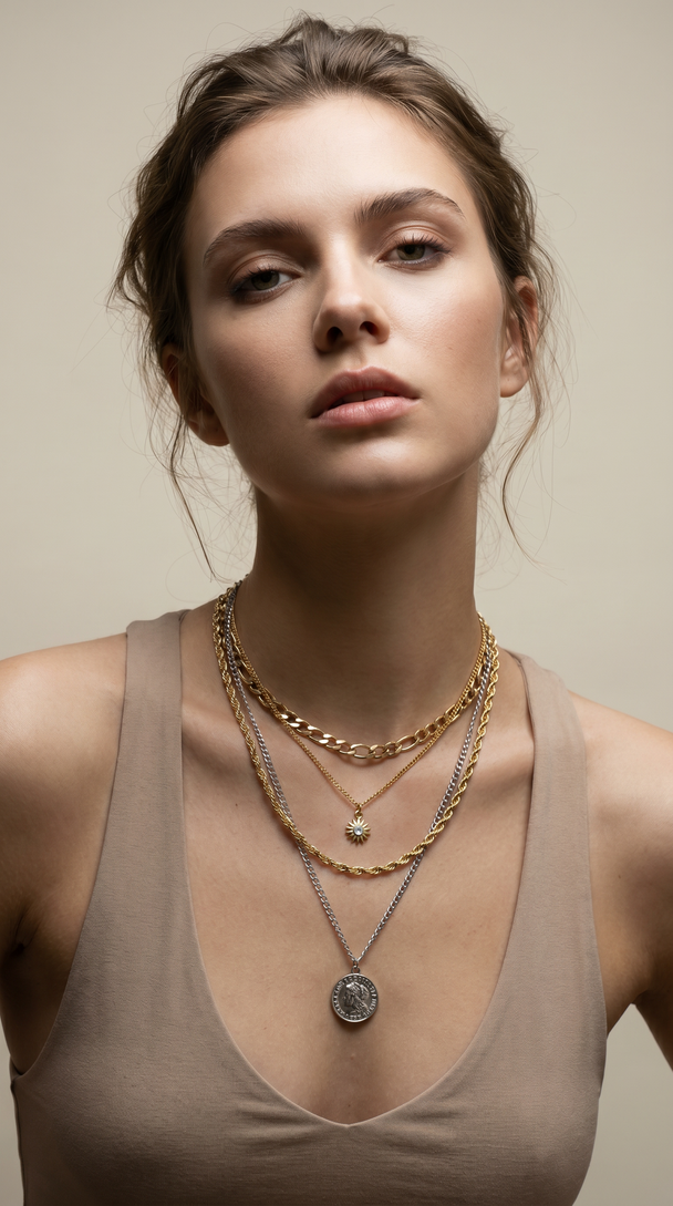 Long Layered Statement Chain Necklace (Gold/Silver)