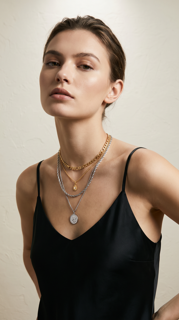 Long Layered Statement Chain Necklace (Gold/Silver)