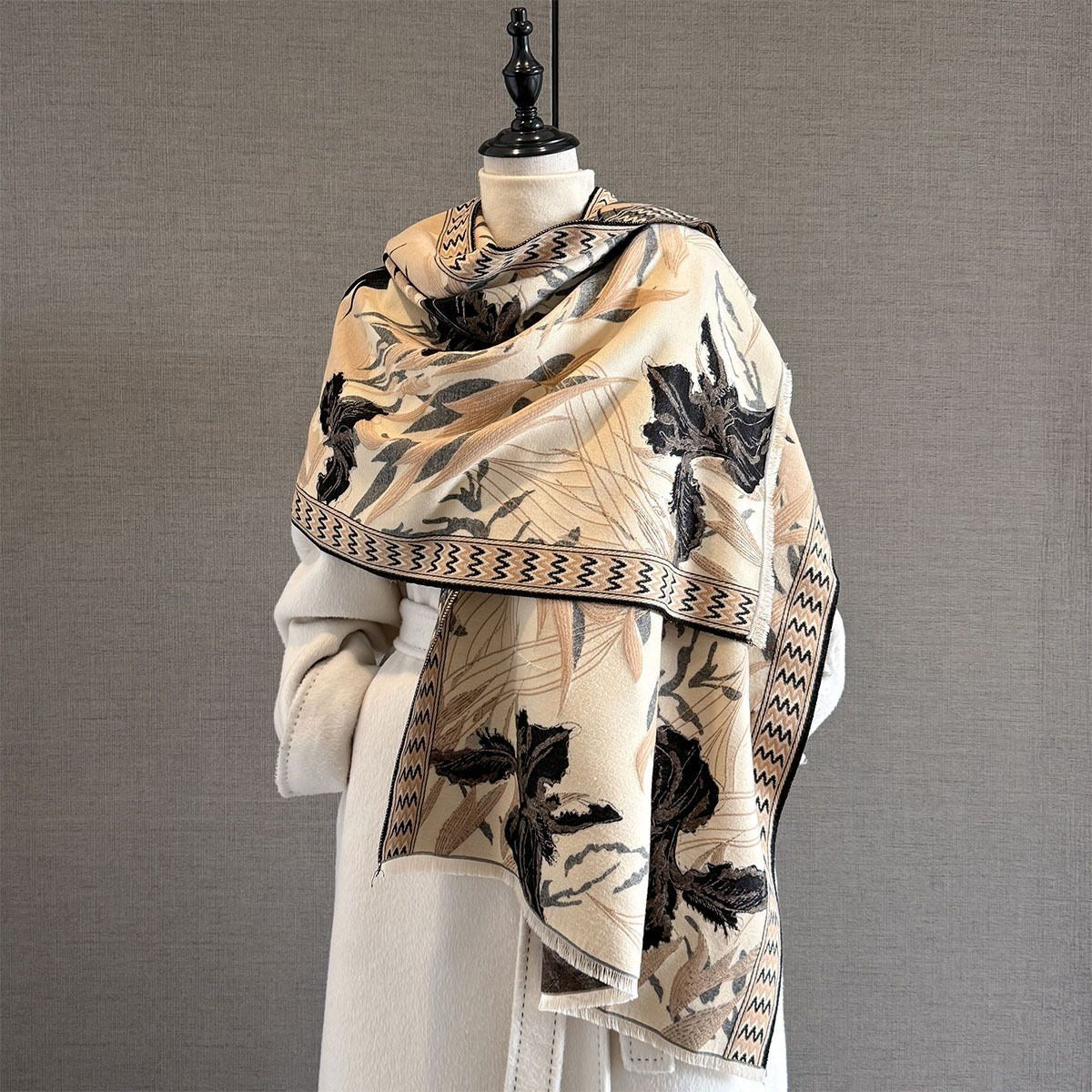 Soft imitation cashmere scarf with botanical floral jacquard pattern. 190cm versatile wrap in light brown, green, orange & pink. Perfect for coats & knitwear.