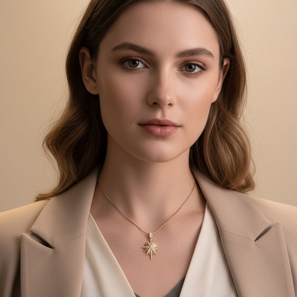 Elegant 14K gold plated starburst necklace with micro-set zircon. Slim chain, layerable design. Perfect for everyday elegance & minimalist style.