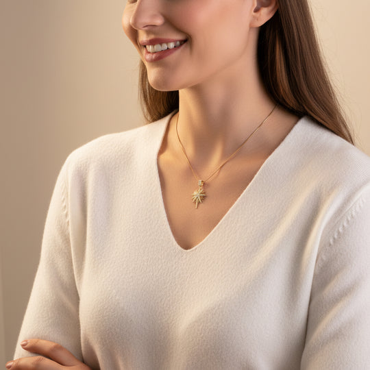 Elegant 14K gold plated starburst necklace with micro-set zircon. Slim chain, layerable design. Perfect for everyday elegance & minimalist style.