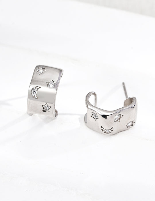 Celestial Moon Star Wavy C-Hoop Earrings