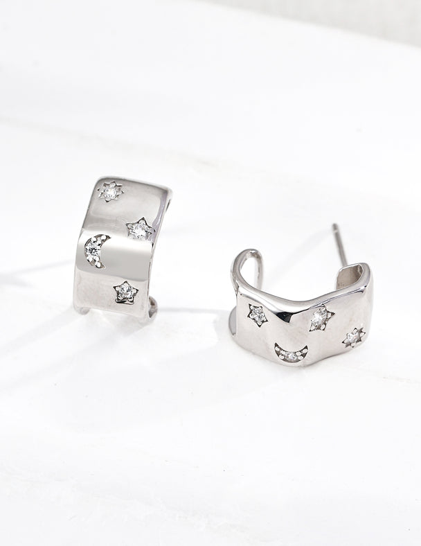 Celestial Moon Star Wavy C-Hoop Earrings