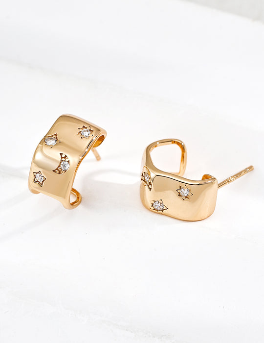 Celestial Moon Star Wavy C-Hoop Earrings