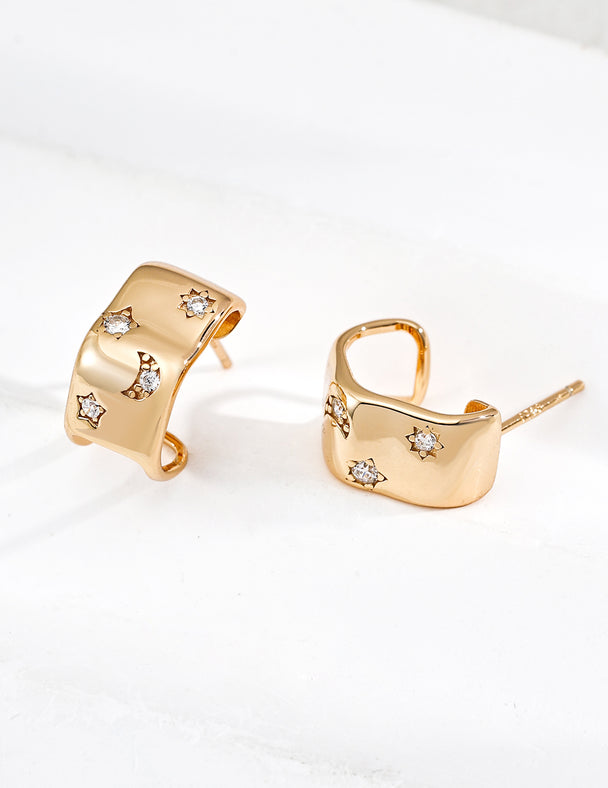 Celestial Moon Star Wavy C-Hoop Earrings