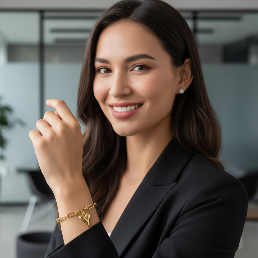 Gold heart charm bracelet with mixed paperclip & curb chain. Adjustable fit, stackable design. Perfect gift for everyday style & romantic elegance.