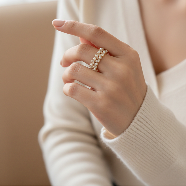 Elegant gold open ring with freshwater pearls & crystals. Adjustable fit, French-inspired design. Perfect for office wear & everyday elegance.