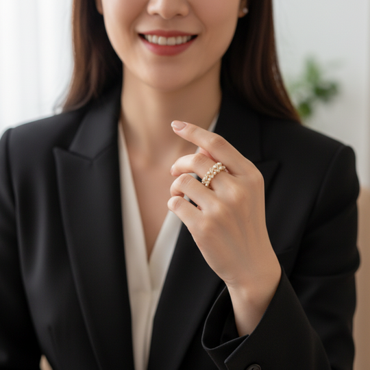 Elegant gold open ring with freshwater pearls & crystals. Adjustable fit, French-inspired design. Perfect for office wear & everyday elegance.