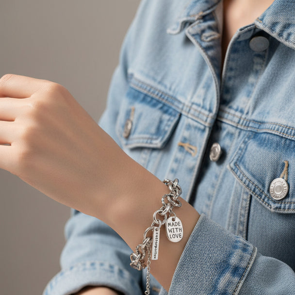 Edgy double-layered silver chain bracelet with toggle clasp & Made With Love charm. Adjustable fit, stackable. Perfect for everyday style & layering.