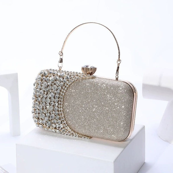 Glamorous rhinestone evening clutch with glitter PU finish. Crystal clasp & dual chains. Black, silver & gold options. Perfect for weddings, proms & cocktail parties.