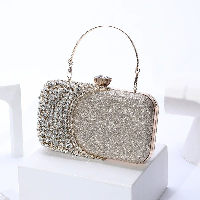 Glamorous rhinestone evening clutch with glitter PU finish. Crystal clasp & dual chains. Black, silver & gold options. Perfect for weddings, proms & cocktail parties.