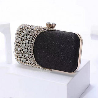Glamorous rhinestone evening clutch with glitter PU finish. Crystal clasp & dual chains. Black, silver & gold options. Perfect for weddings, proms & cocktail parties.