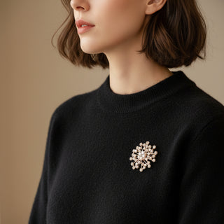 EElegant rose gold snowflake brooch with rhinestones & pearls. Versatile pin for blazers, coats, scarves & dresses. Made in Korea. Perfect gift for weddings & holidays.
