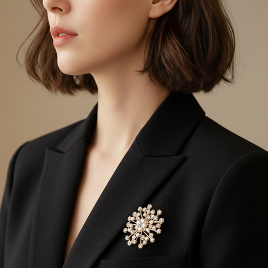 Elegant rose gold snowflake brooch with rhinestones & pearls. Versatile pin for blazers, coats, scarves & dresses. Made in Korea. Perfect gift for weddings & holidays.