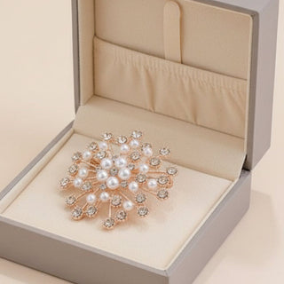 Elegant rose gold snowflake brooch with rhinestones & pearls. Versatile pin for blazers, coats, scarves & dresses. Made in Korea. Perfect gift for weddings & holidays.