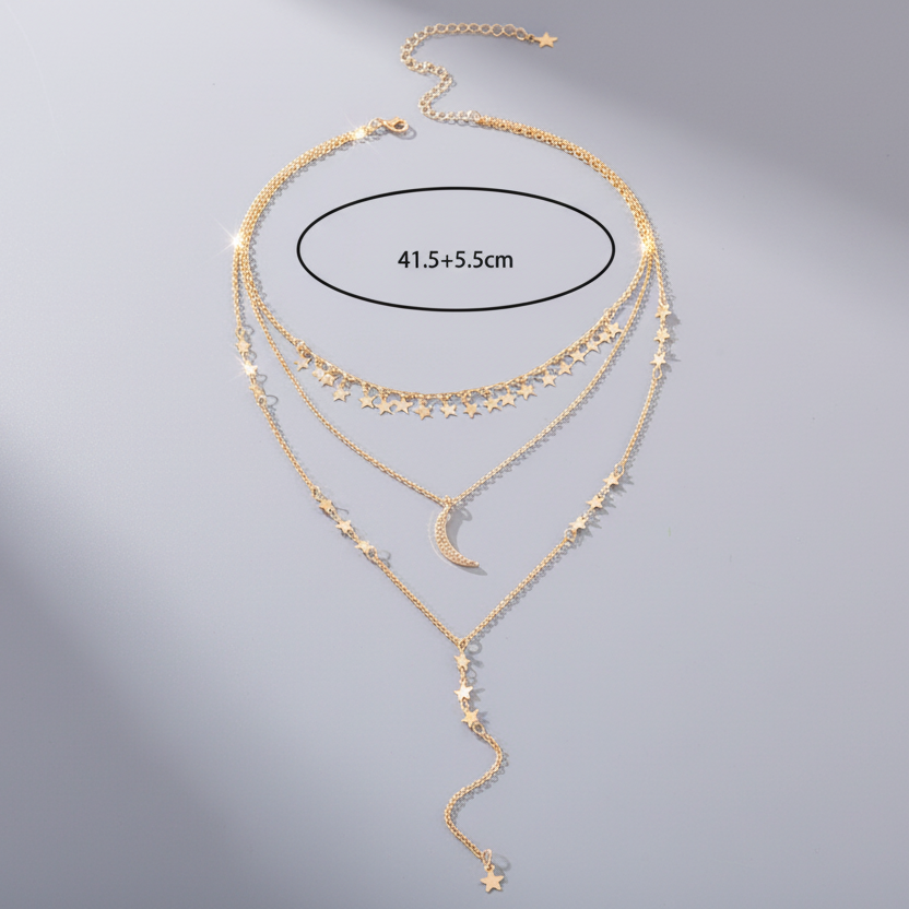 Layered Long Y-Necklace with Half Moon Pendant in Gold