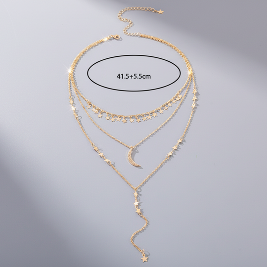 Layered Long Y-Necklace with Half Moon Pendant in Gold