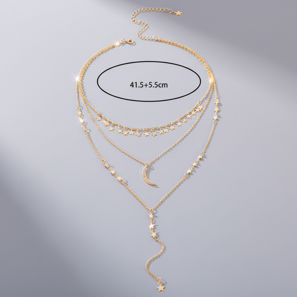 Layered Long Y-Necklace with Half Moon Pendant in Gold