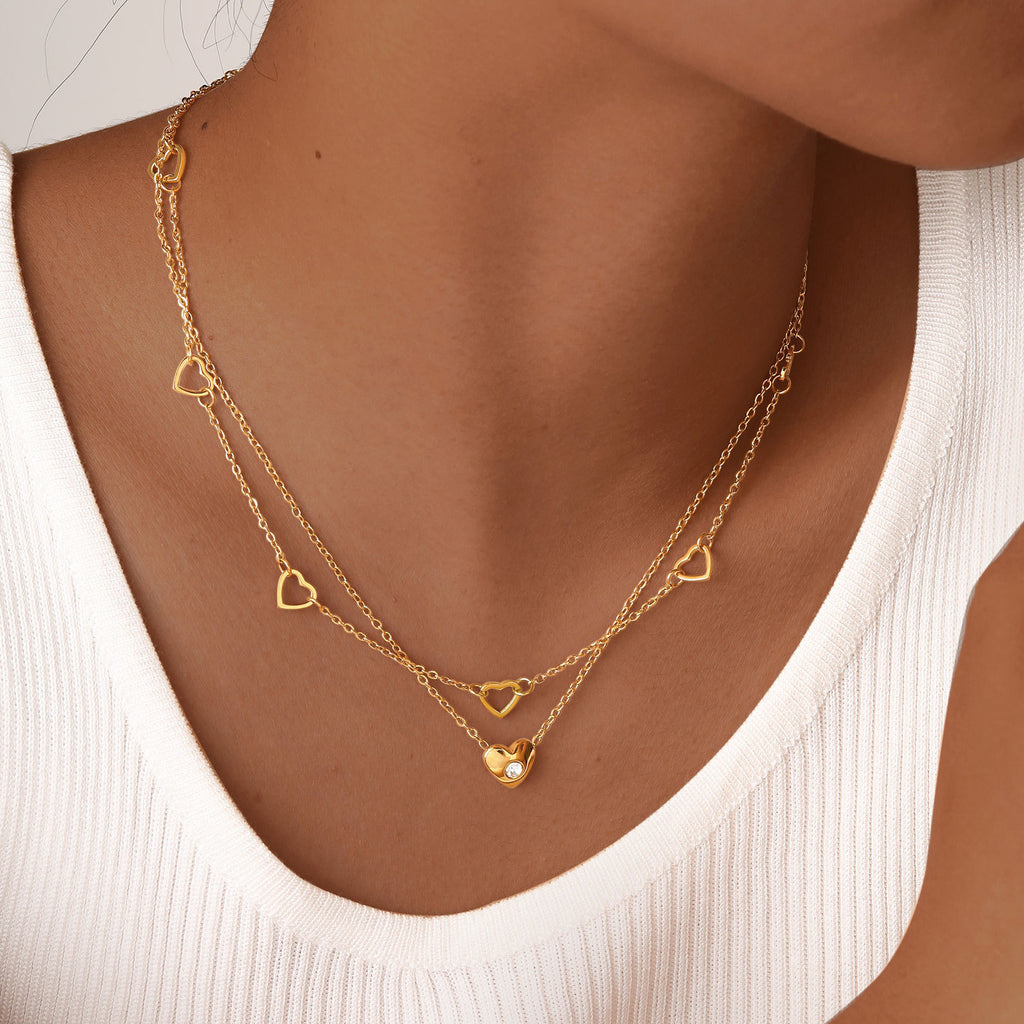 Layered Gold Heart Charm Necklace
