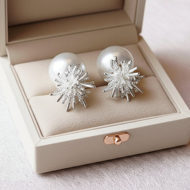 Versatile pearl drop earrings with 2-way wear design. Firework & dandelion style, sterling silver posts. Perfect for everyday elegance & special occasions.