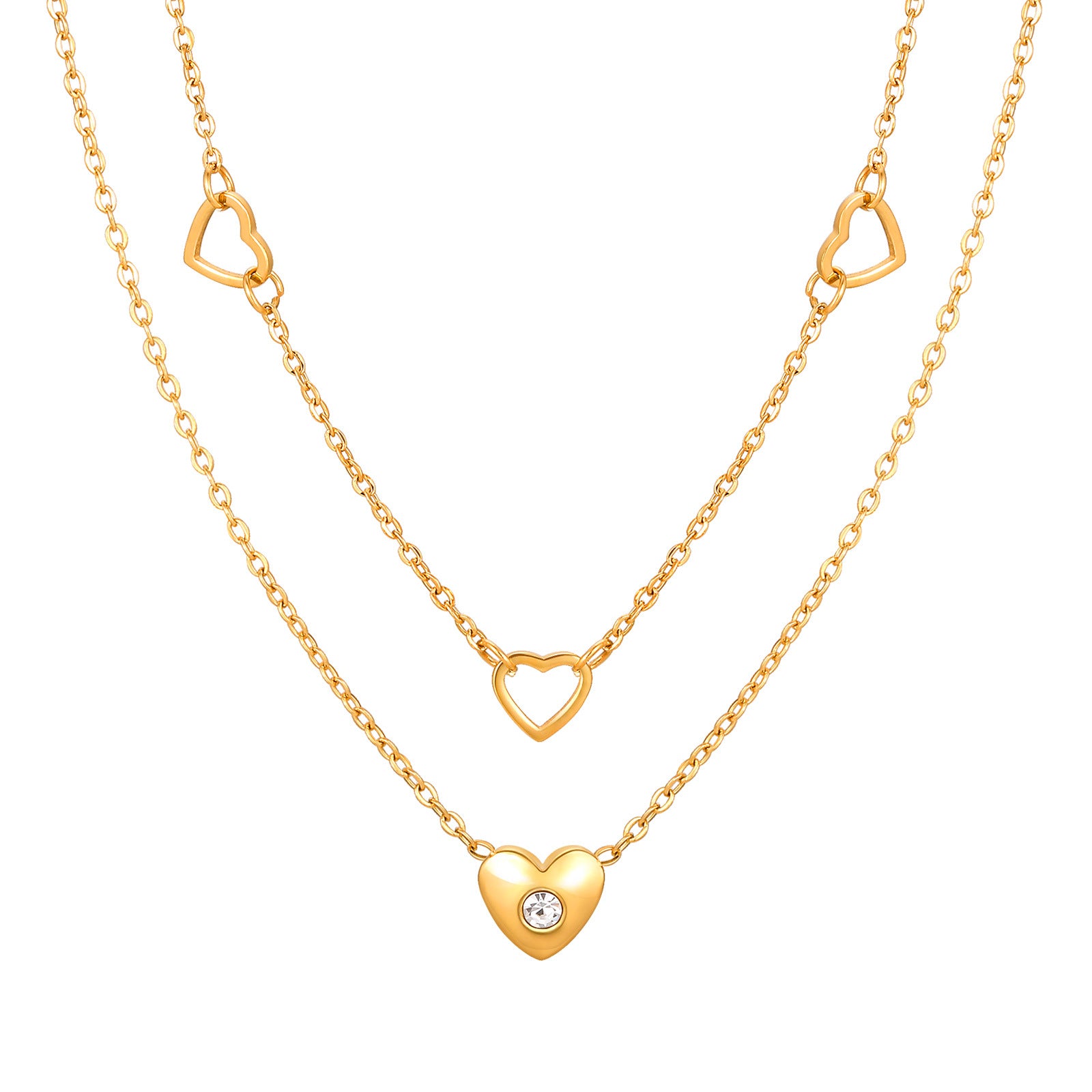 Romantic layered gold necklace with heart charms & cubic zirconia. Double-layer design, adjustable fit. Perfect for everyday elegance & date nights.