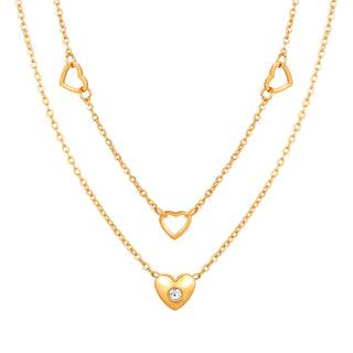 Romantic layered gold necklace with heart charms & cubic zirconia. Double-layer design, adjustable fit. Perfect for everyday elegance & date nights.