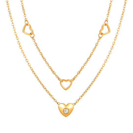 Romantic layered gold necklace with heart charms & cubic zirconia. Double-layer design, adjustable fit. Perfect for everyday elegance & date nights.