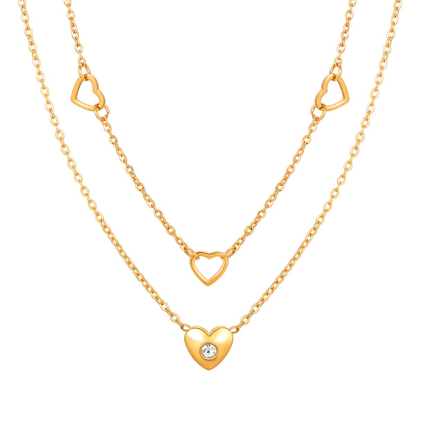 Romantic layered gold necklace with heart charms & cubic zirconia. Double-layer design, adjustable fit. Perfect for everyday elegance & date nights.