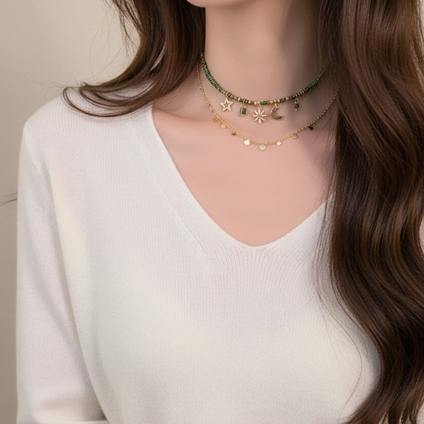 Bohemian Vintage Layered Beaded Sunflower & Pendant Necklace Set