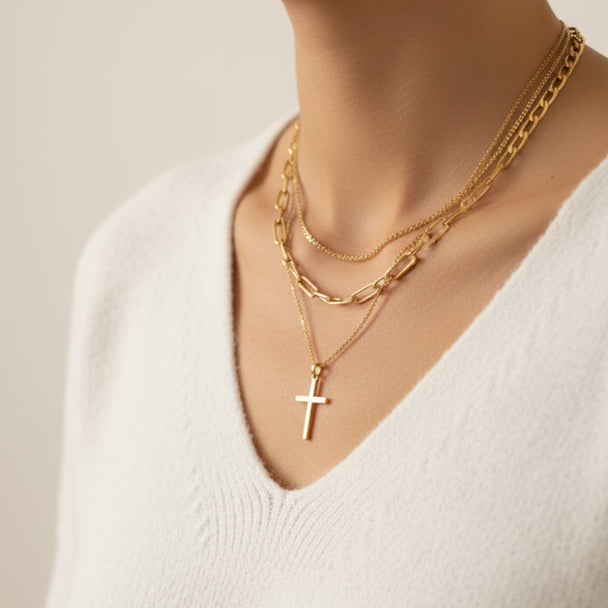 Bold layered cross necklace with cubic zirconia & multi-chain collar. Statement design. Perfect for edgy style & everyday confidence.