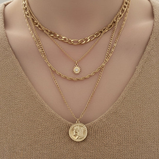 Elegant long layered chain necklace in gold or silver. Multi-strand design. Perfect for layering over sweaters & everyday elegance.