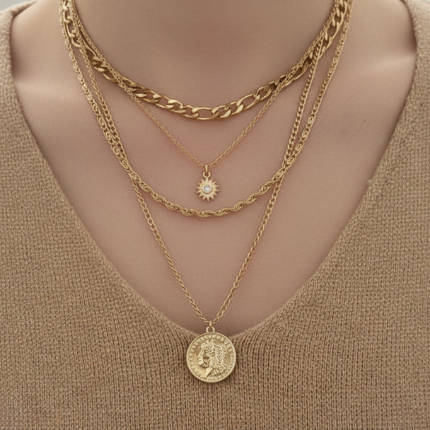 Elegant long layered chain necklace in gold or silver. Multi-strand design. Perfect for layering over sweaters & everyday elegance.