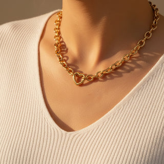 Elegant gold heart lock necklace with stainless steel chain. Minimalist collarbone design. Perfect for everyday elegance & romantic style.